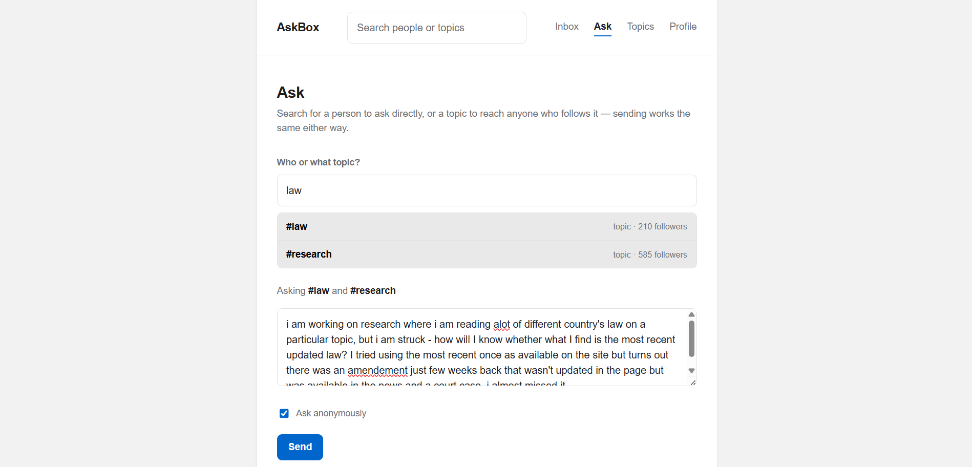 Ask screen — composing a question to a person or a topic