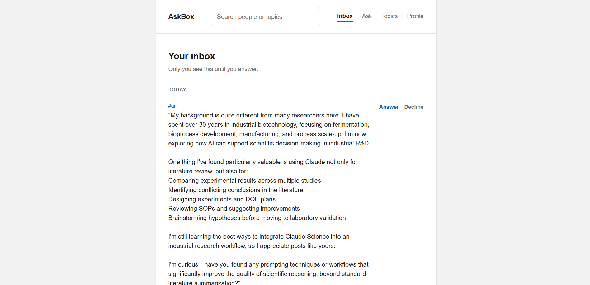 Inbox screen — private questions waiting to be answered or declined