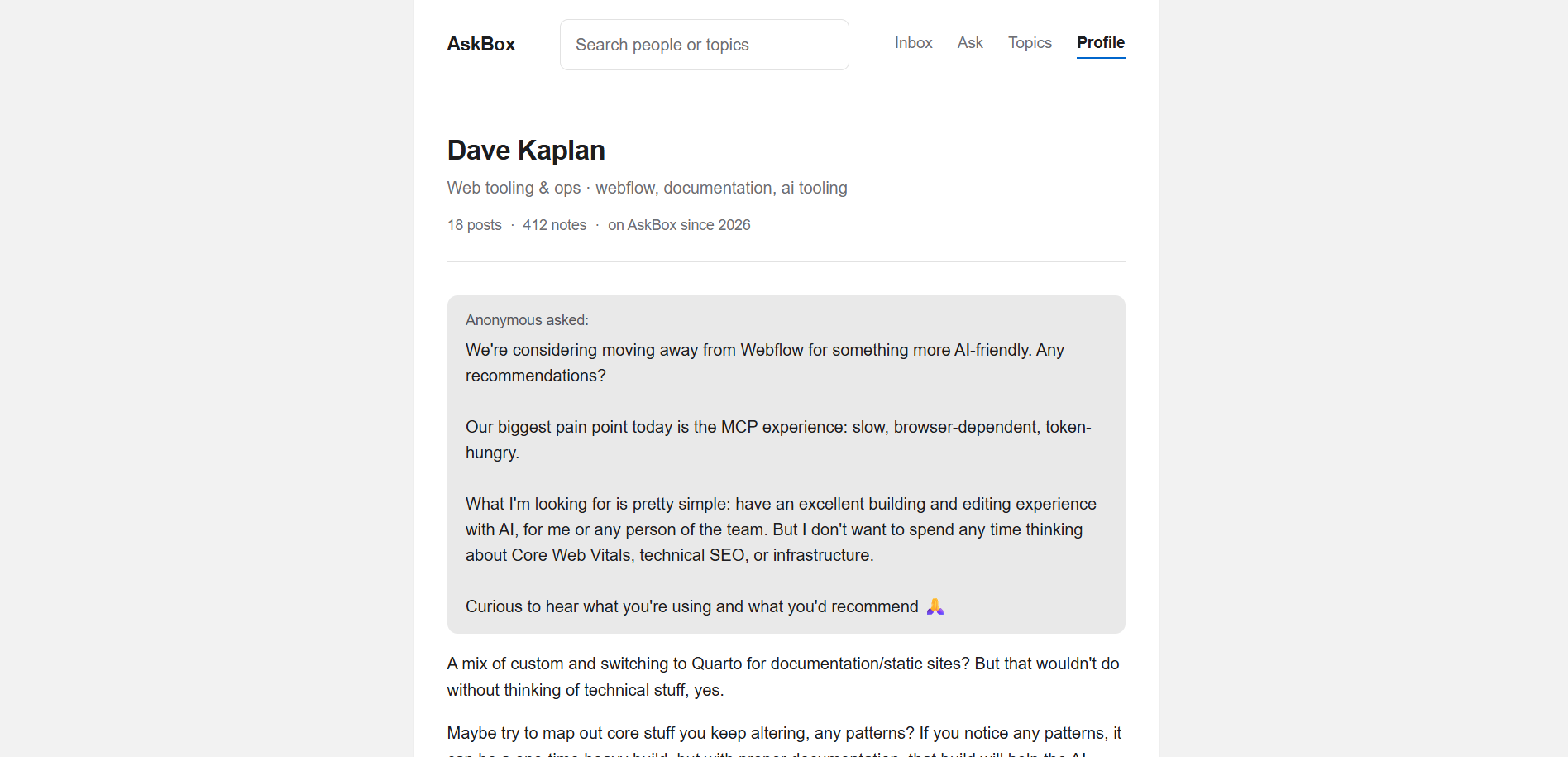 Profile screen — a blog-style record of past answers