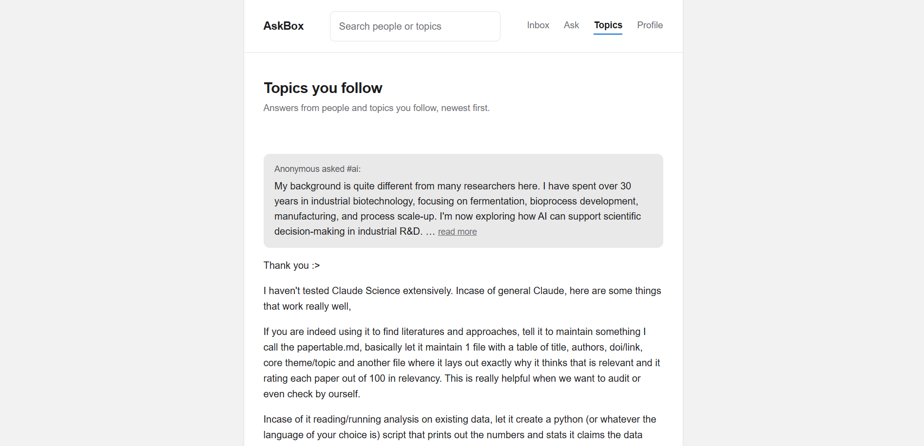 Topics screen — a feed of answers from people and topics you follow